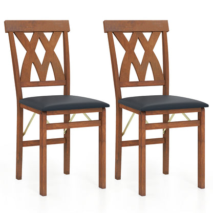 Folding Wooden Dining Chairs Set of 2 with Faux Leather Seats