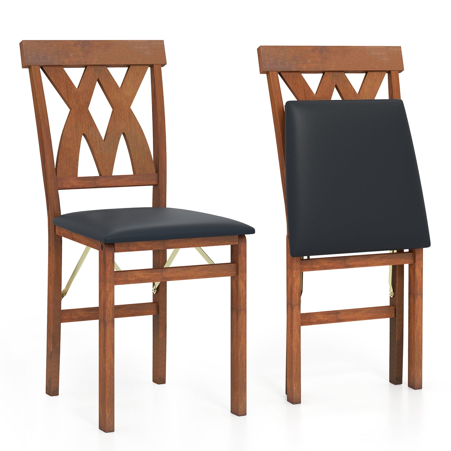 Folding Wooden Dining Chairs Set of 2 with Faux Leather Seats