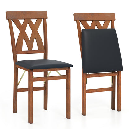Folding Wooden Dining Chairs Set of 2 with Faux Leather Seats