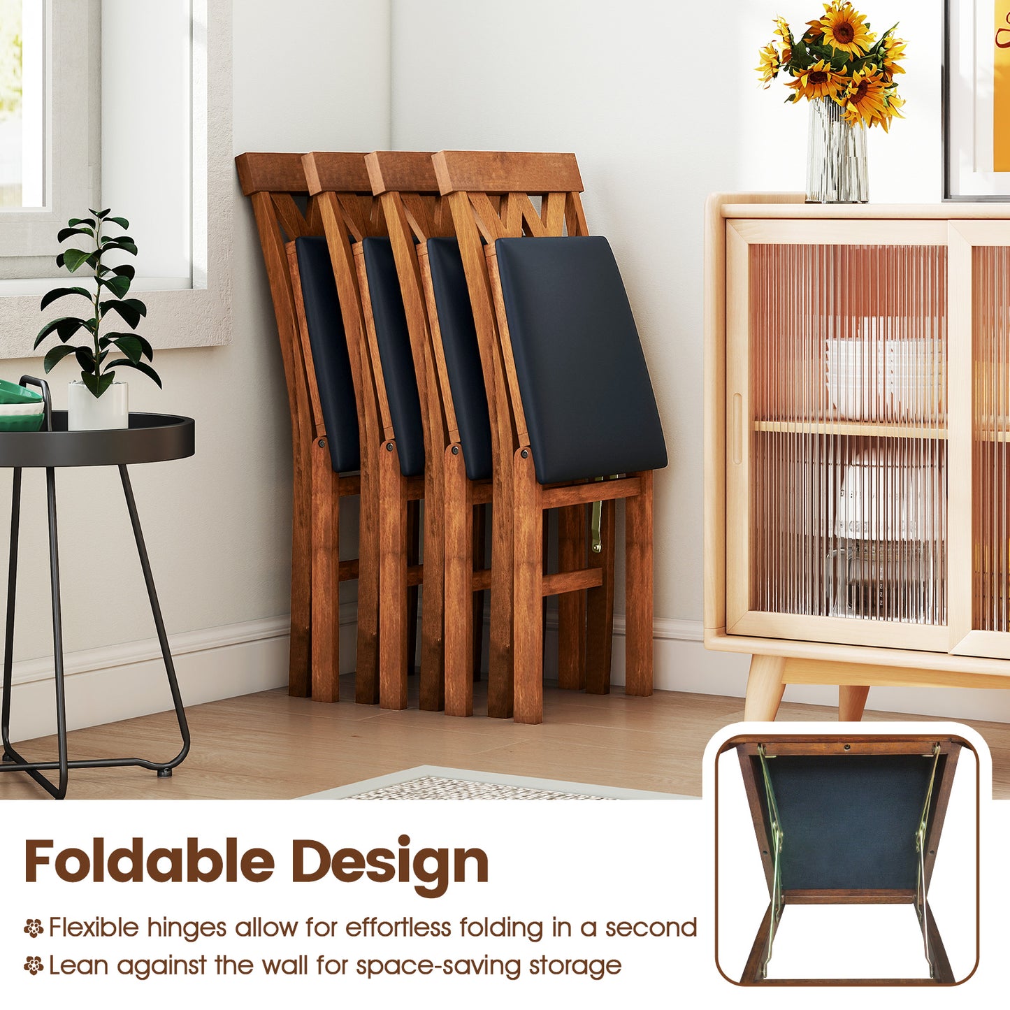 Folding Wooden Dining Chairs Set of 2 with Faux Leather Seats