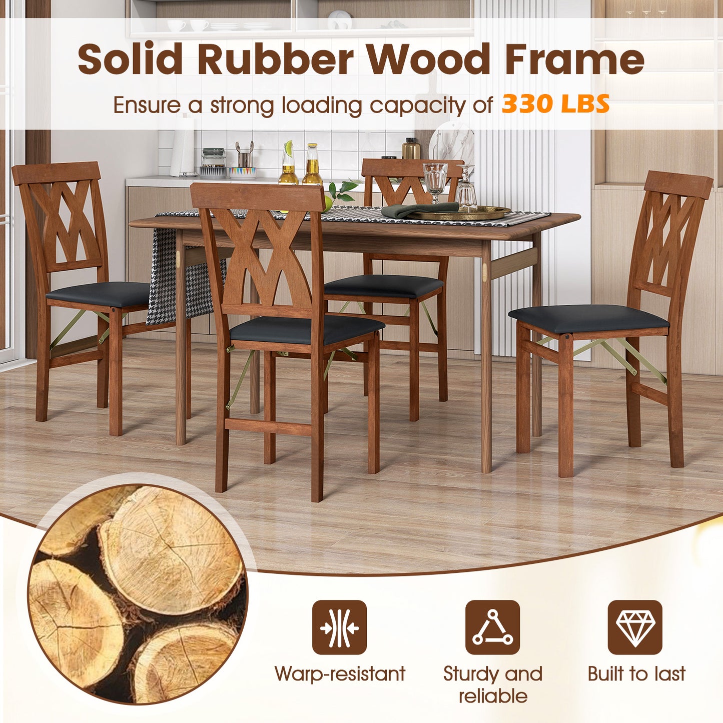 Folding Wooden Dining Chairs Set of 2 with Faux Leather Seats