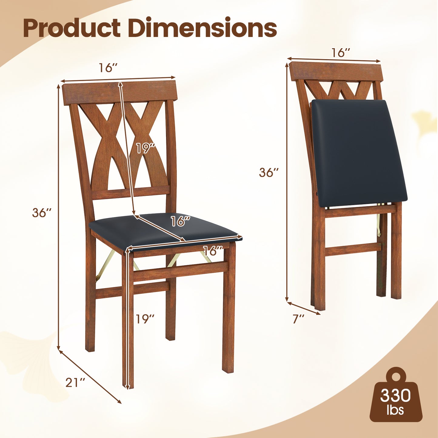 Folding Wooden Dining Chairs Set of 2 with Faux Leather Seats