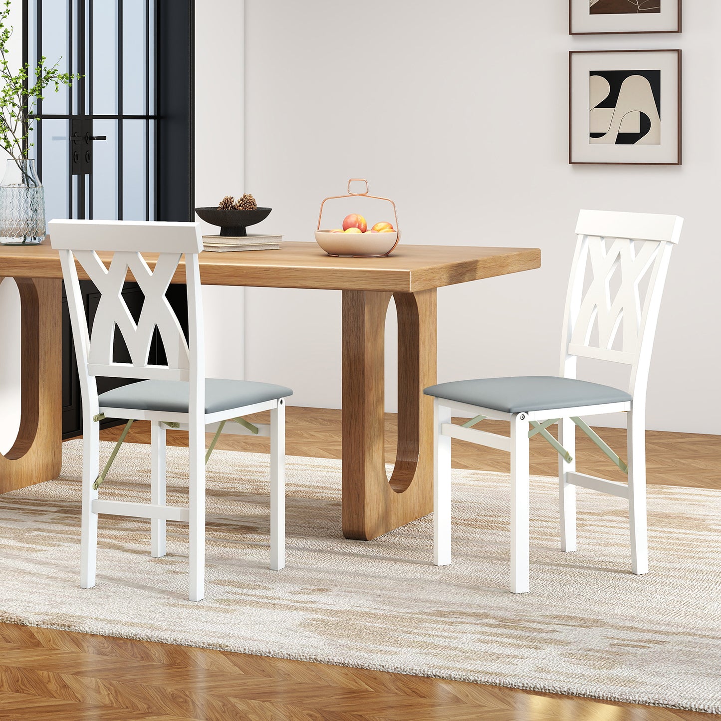 Folding Wooden Dining Chairs Set of 2 with Faux Leather Seats