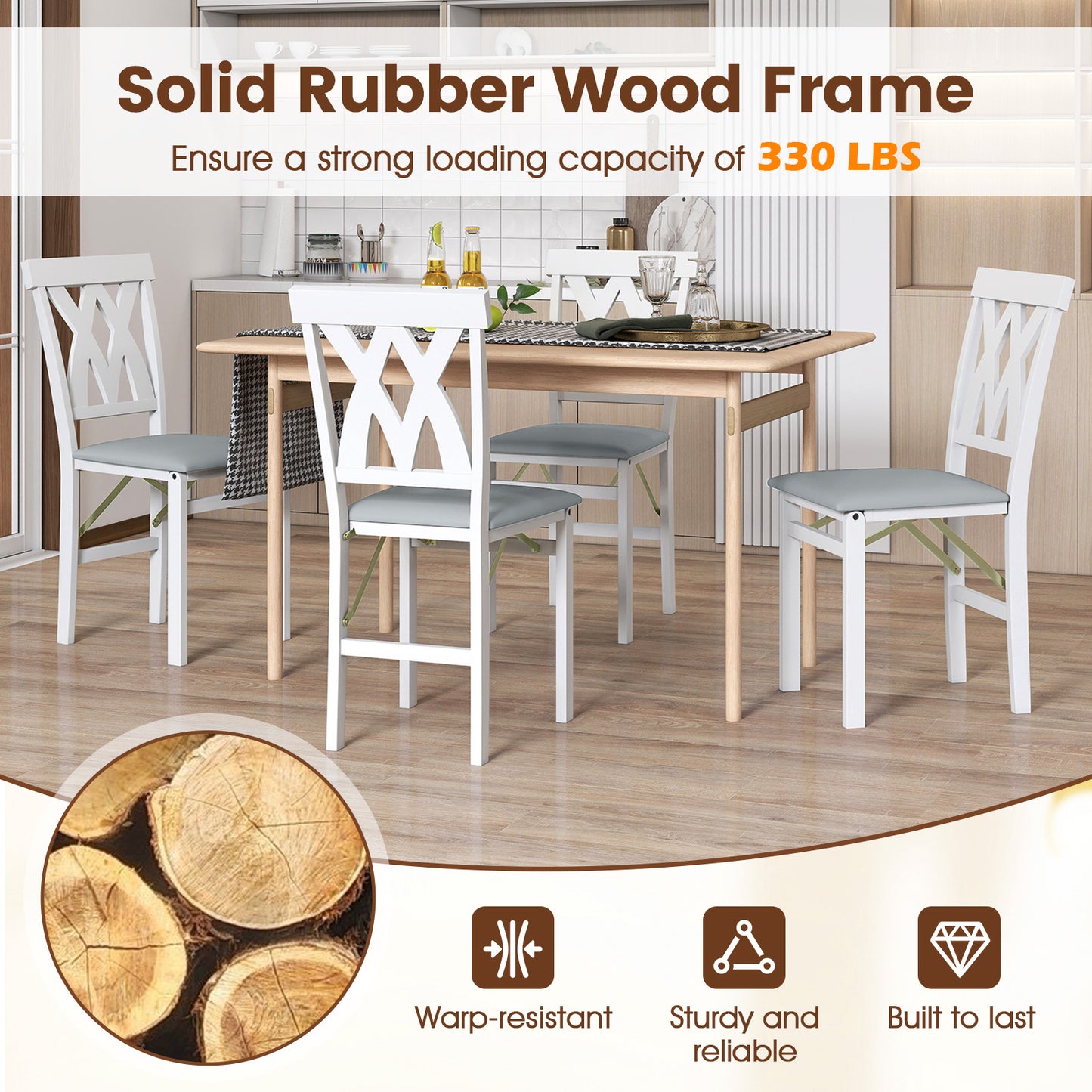Folding Wooden Dining Chairs Set of 2 with Faux Leather Seats