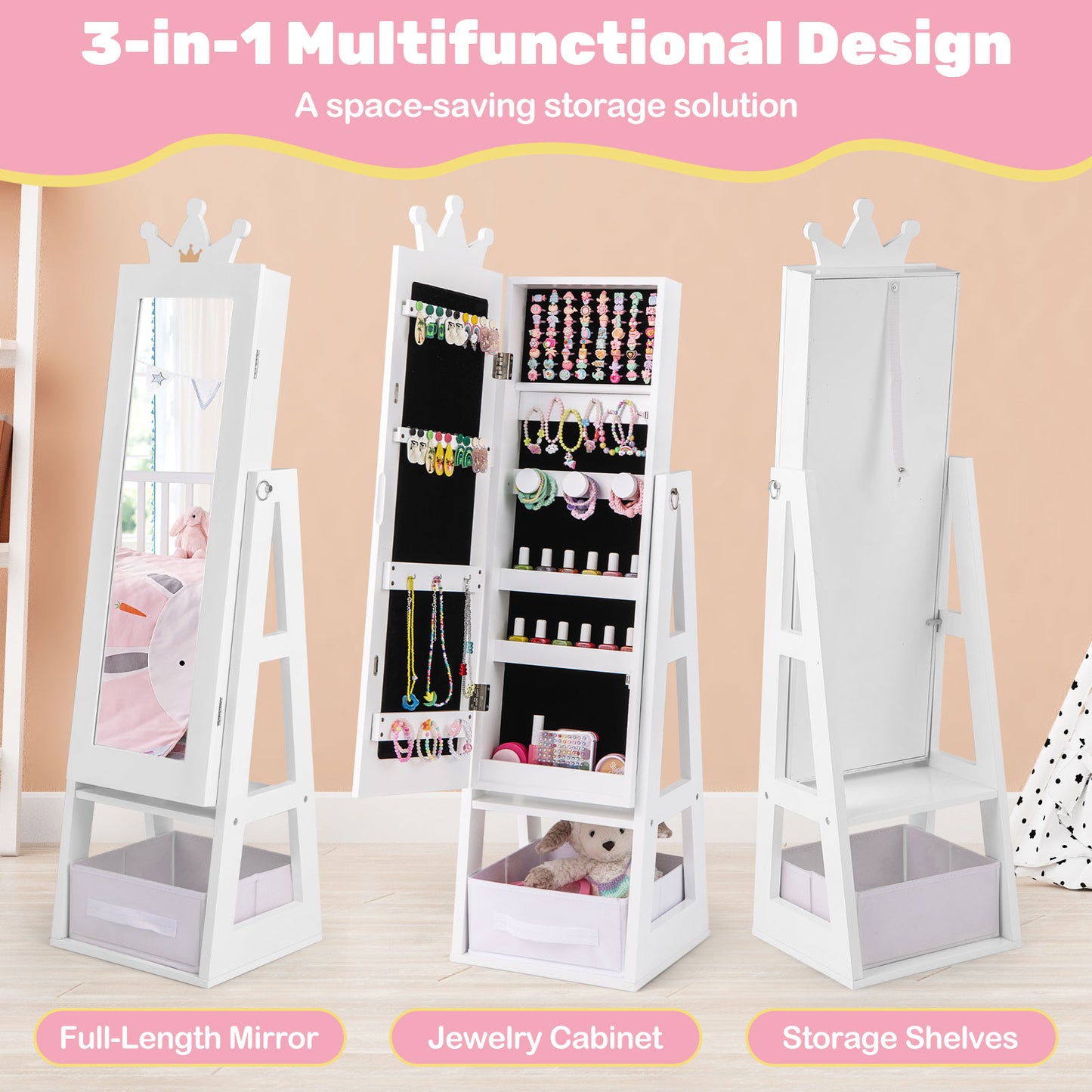 Kids Jewelry Armoire Cabinet with Full Length Mirror