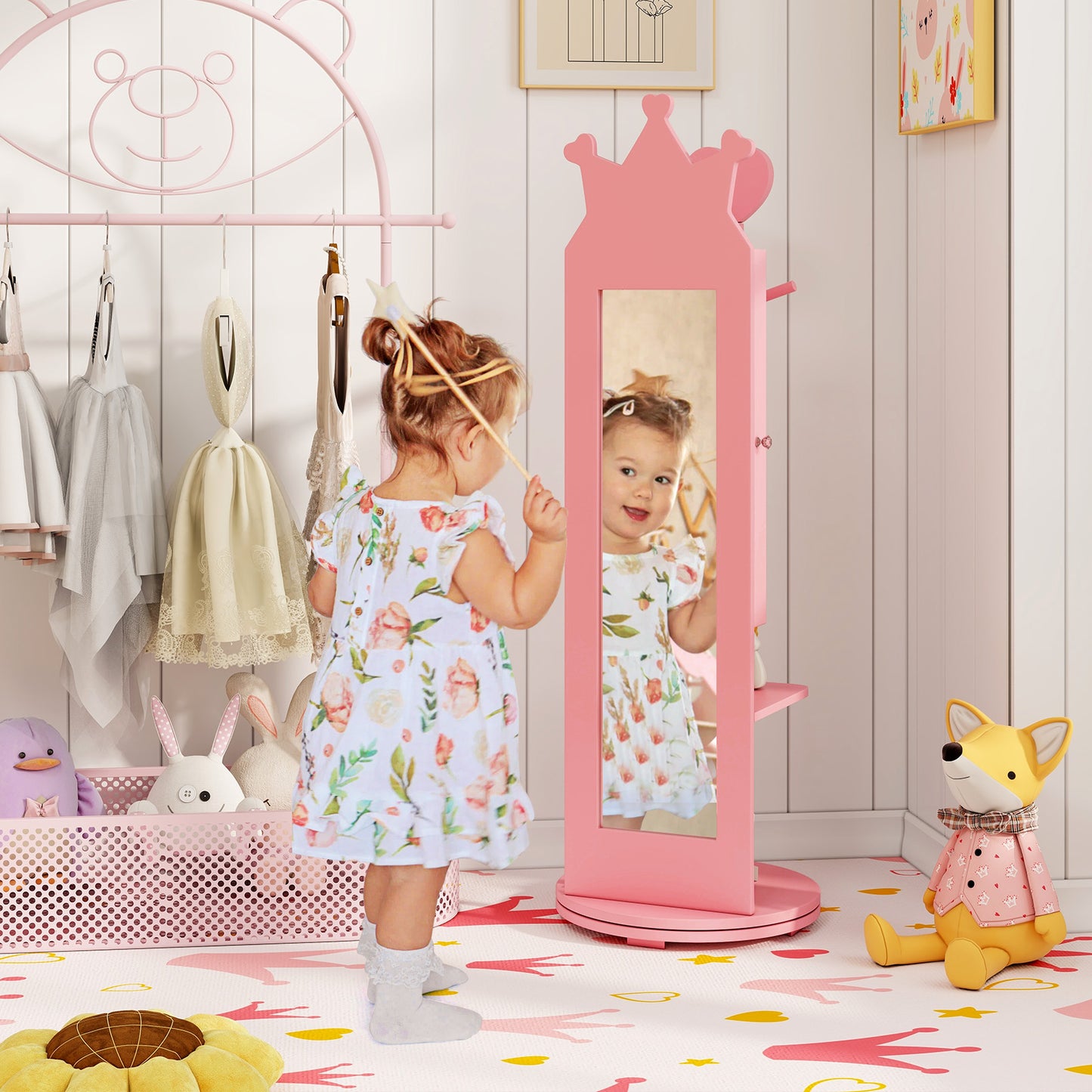 Kids Full Length Mirror Jewelry Armoire Cabinet with Storage