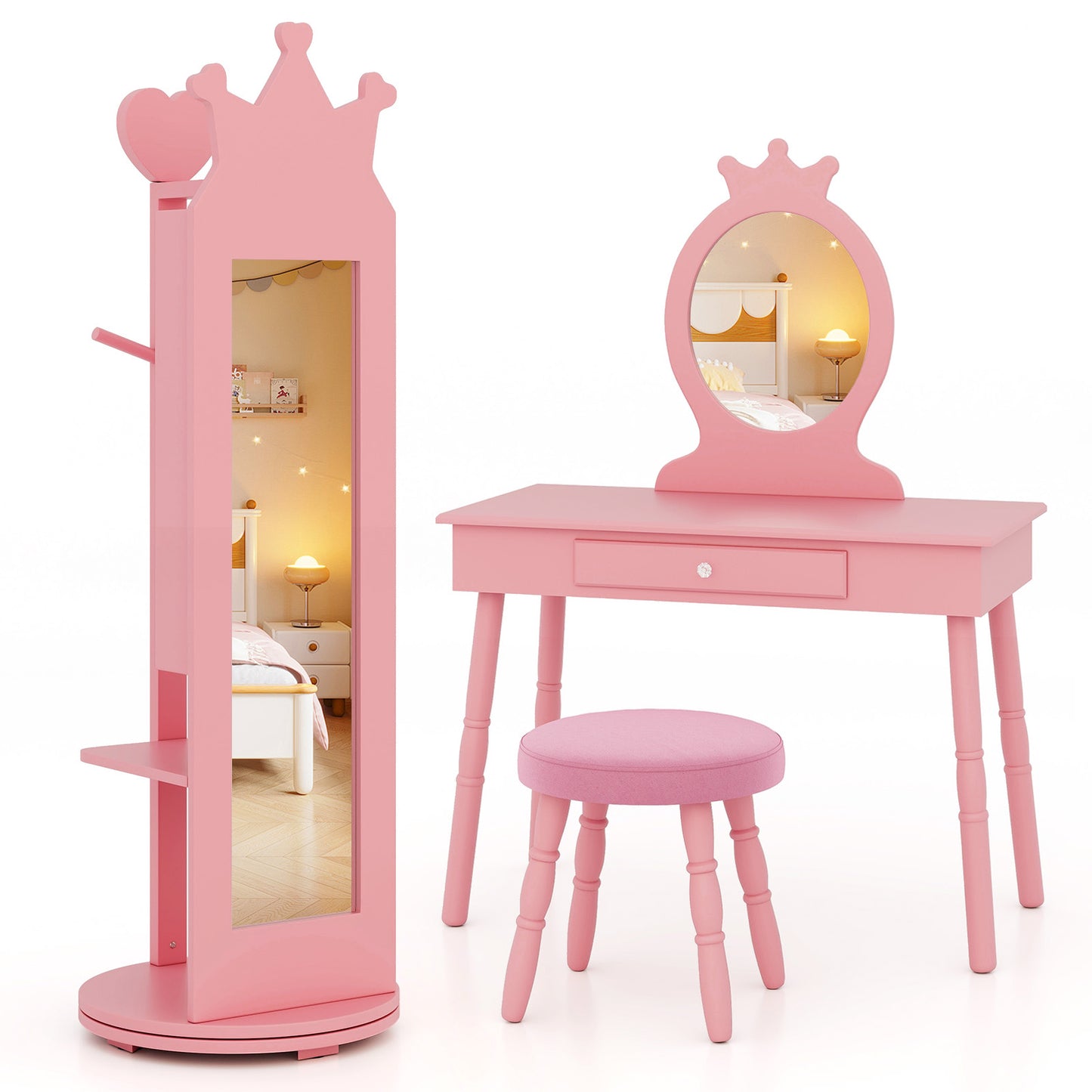 Kids Full Length Mirror Jewelry Armoire Cabinet with Storage