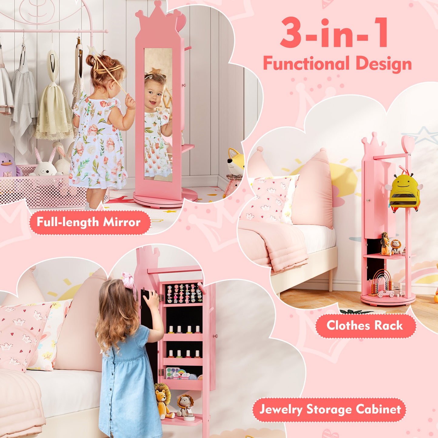 Kids Full Length Mirror Jewelry Armoire Cabinet with Storage
