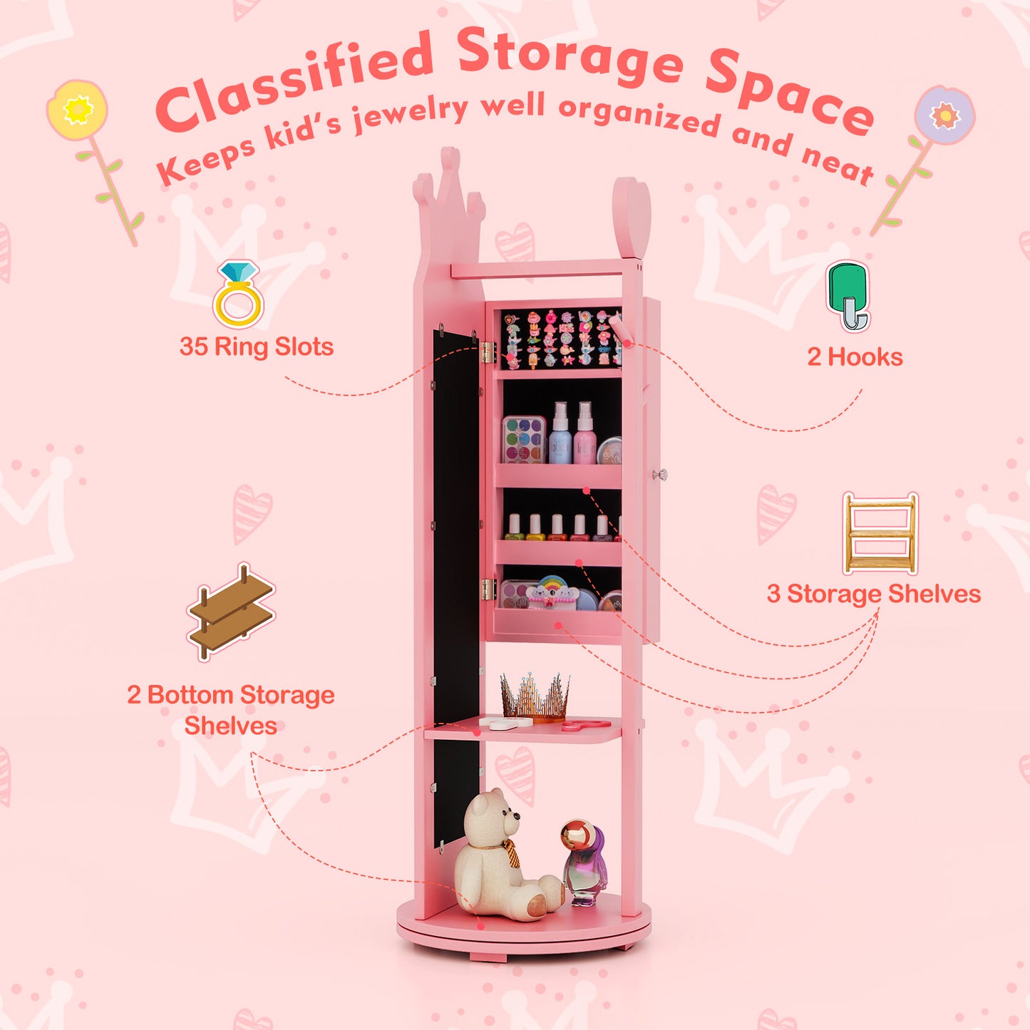 Kids Full Length Mirror Jewelry Armoire Cabinet with Storage