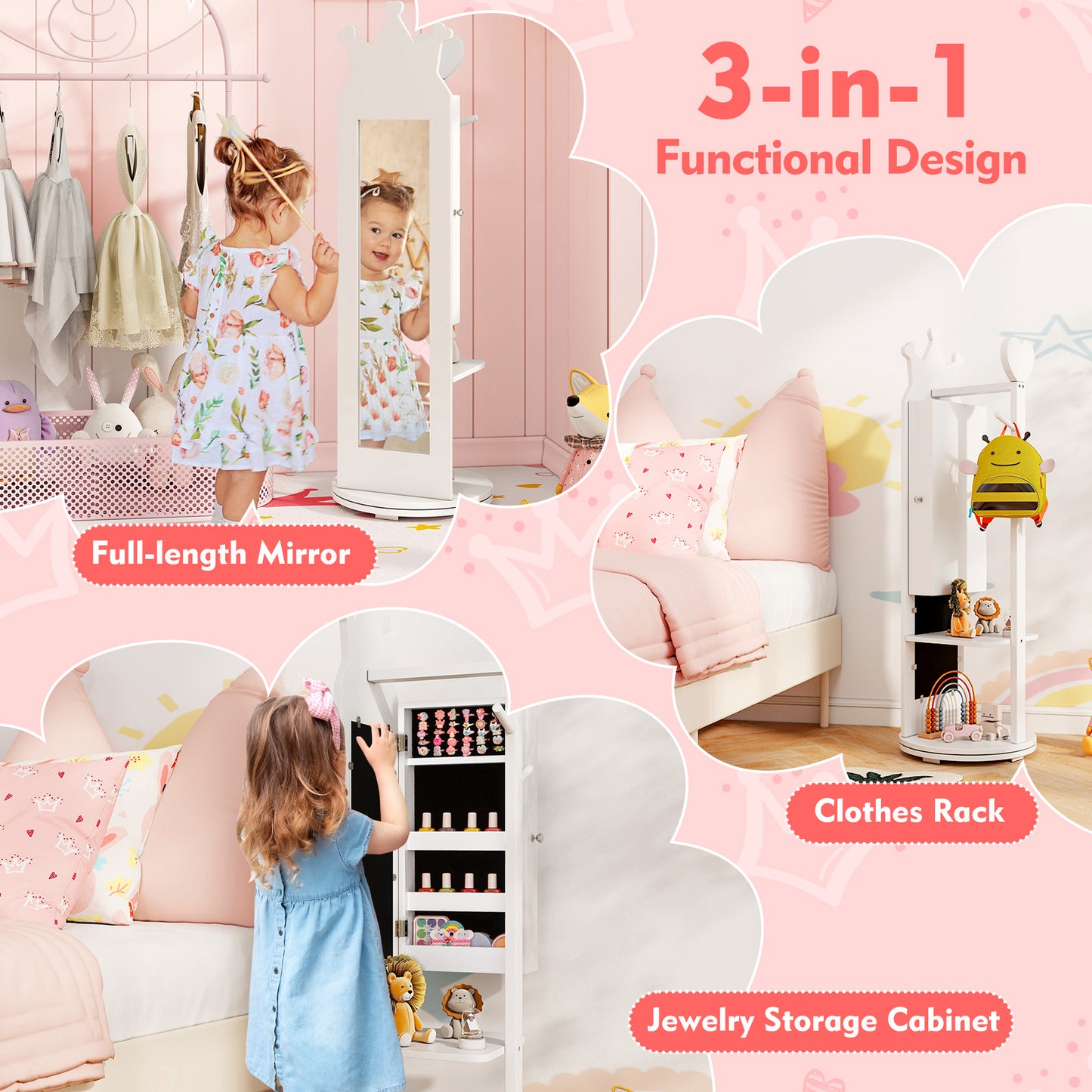 Kids Full Length Mirror Jewelry Armoire Cabinet with Storage