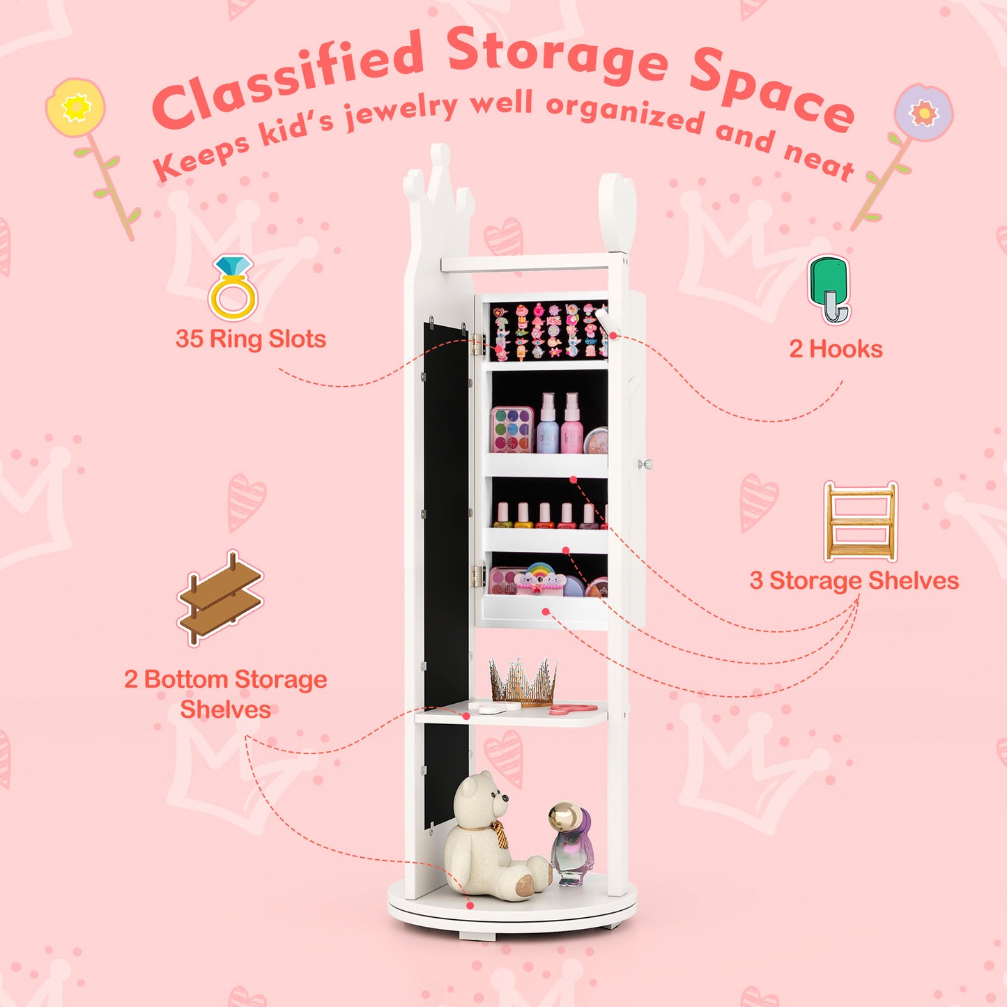 Kids Full Length Mirror Jewelry Armoire Cabinet with Storage