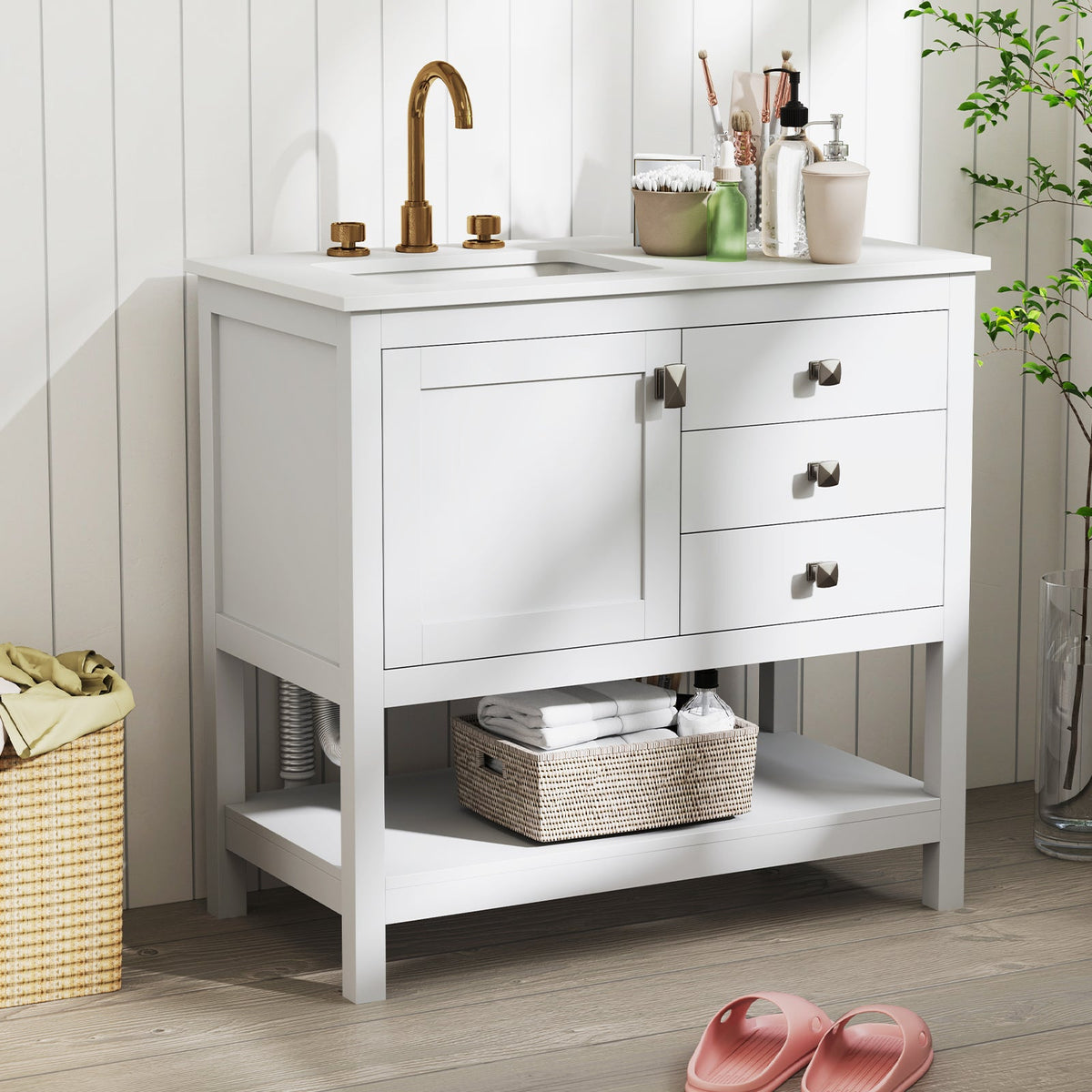 Freestanding Bathroom Vanity Unit with Basin Floor Storage Cabinet-White
