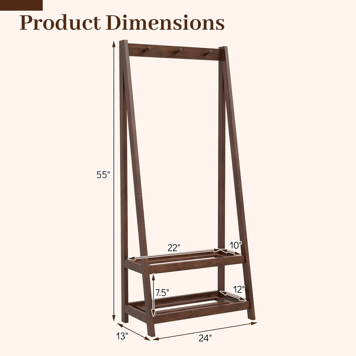 Freestanding Clothes Rack with 3 Hooks and 2 Shelves-Walnut