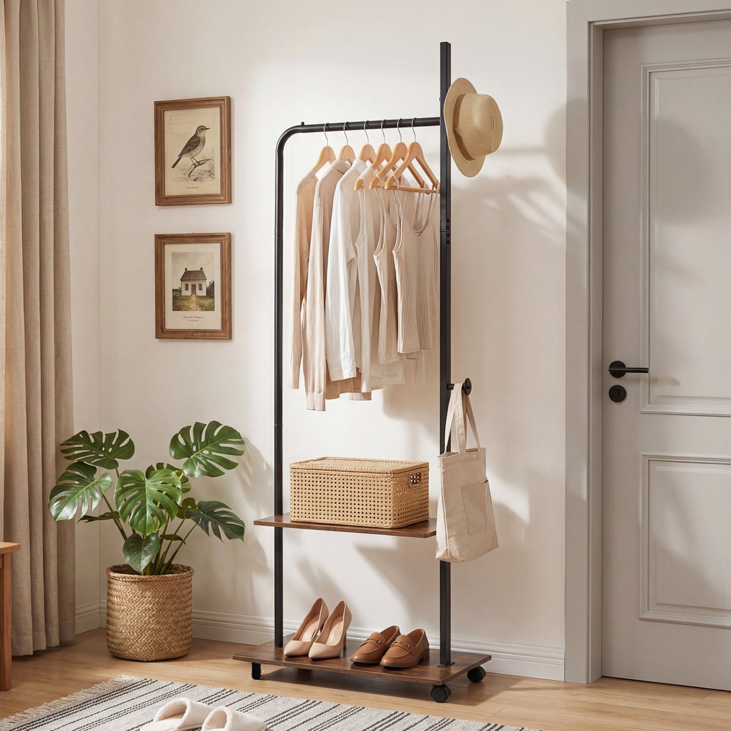 Freestanding Clothing Rack with Wheels and Storage Shelves for Entryway and Bedroom