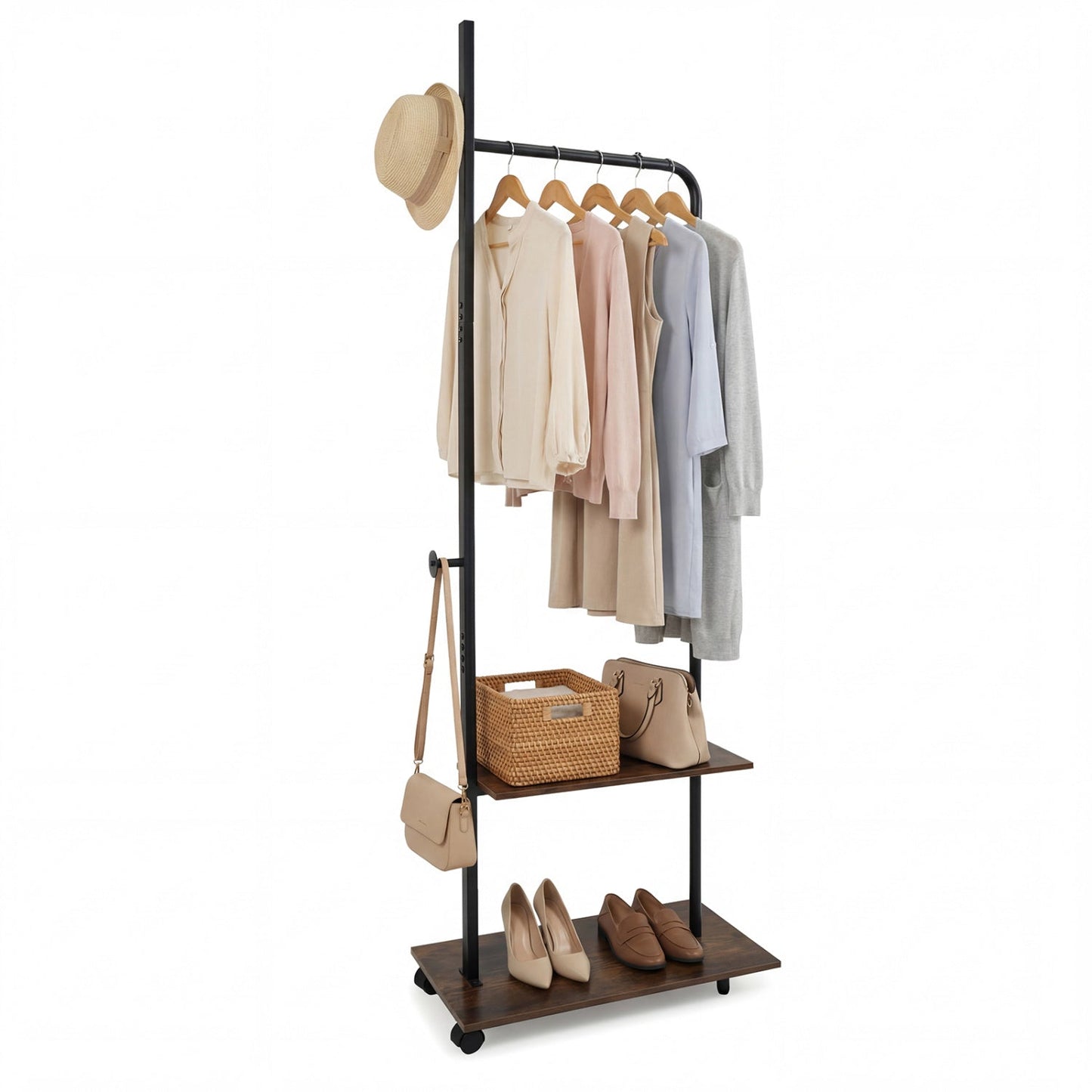 Freestanding Clothing Rack with Wheels and Storage Shelves for Entryway and Bedroom