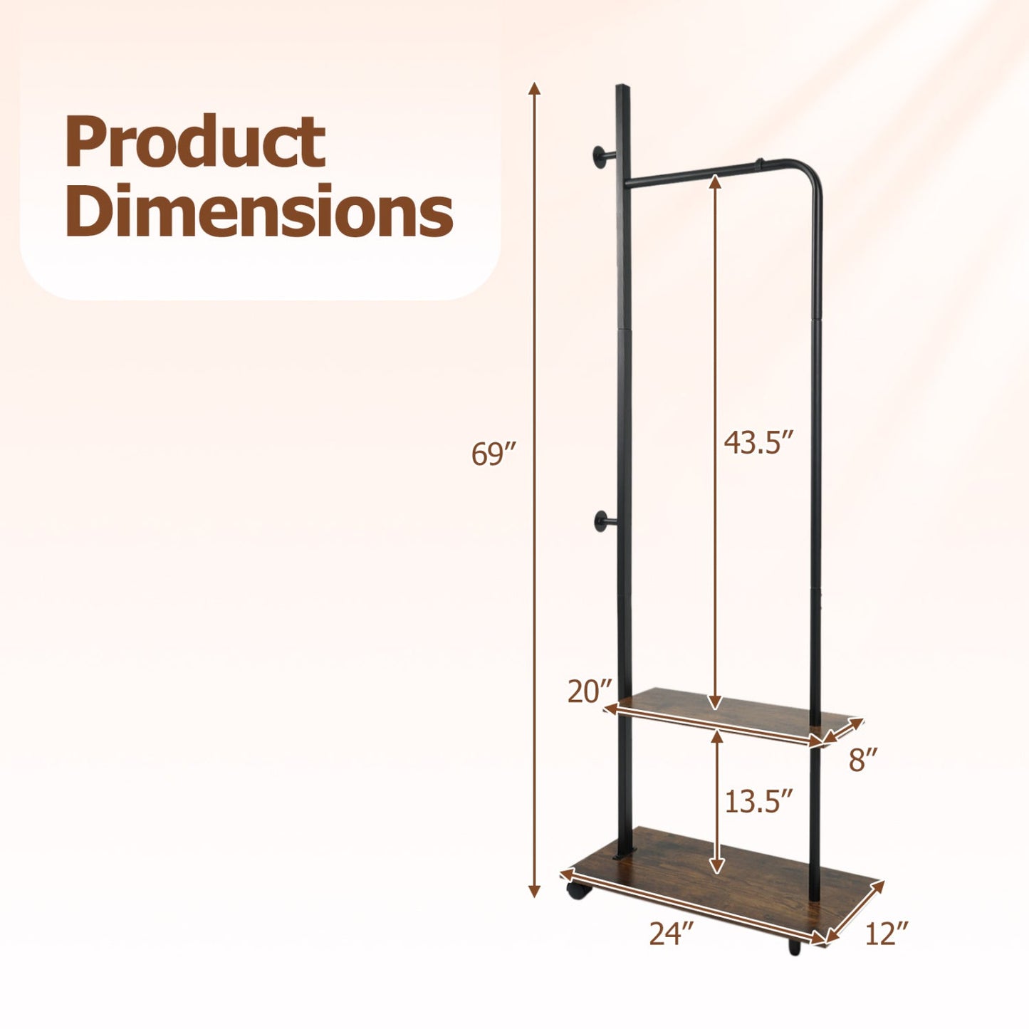 Freestanding Clothing Rack with Wheels and Storage Shelves for Entryway and Bedroom