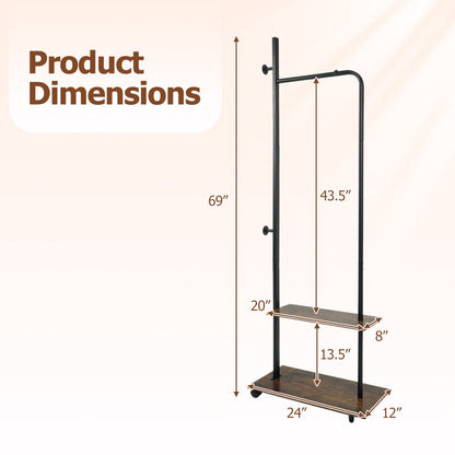 Freestanding Clothing Rack with Wheels and Storage Shelves for Entryway and Bedroom