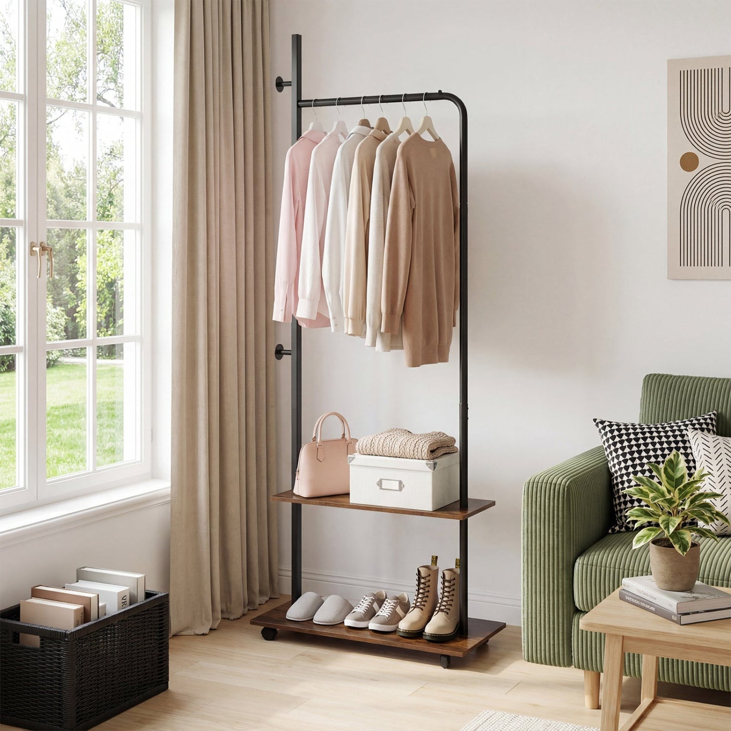 Freestanding Clothing Rack with Wheels and Storage Shelves for Entryway and Bedroom