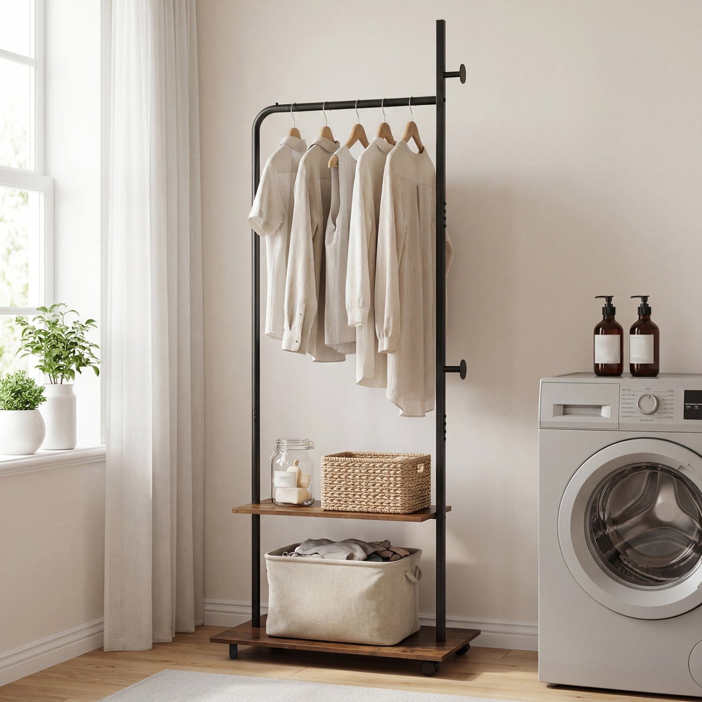 Freestanding Clothing Rack with Wheels and Storage Shelves for Entryway and Bedroom