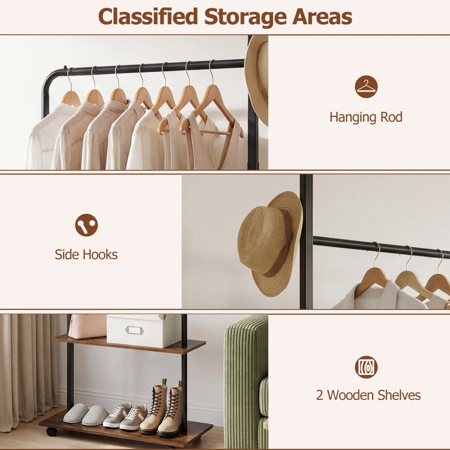 Freestanding Clothing Rack with Wheels and Storage Shelves for Entryway and Bedroom