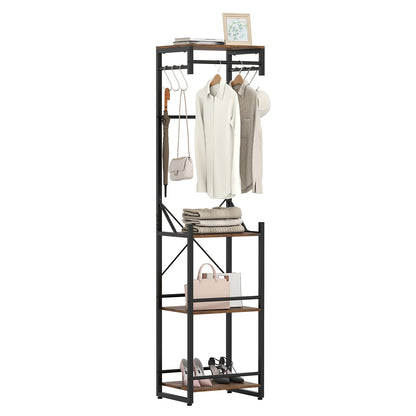 Freestanding Coat Rack with 4 Storage Shelves and 6 Hooks-Rustic Brown