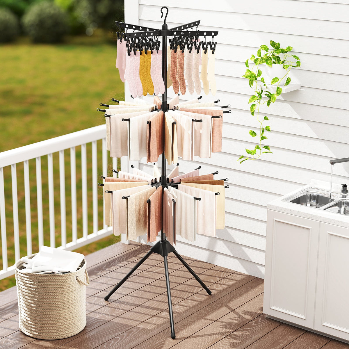 3-Tier Tripod Freestanding Folding Clothes Drying Rack with 24 Clips-Black