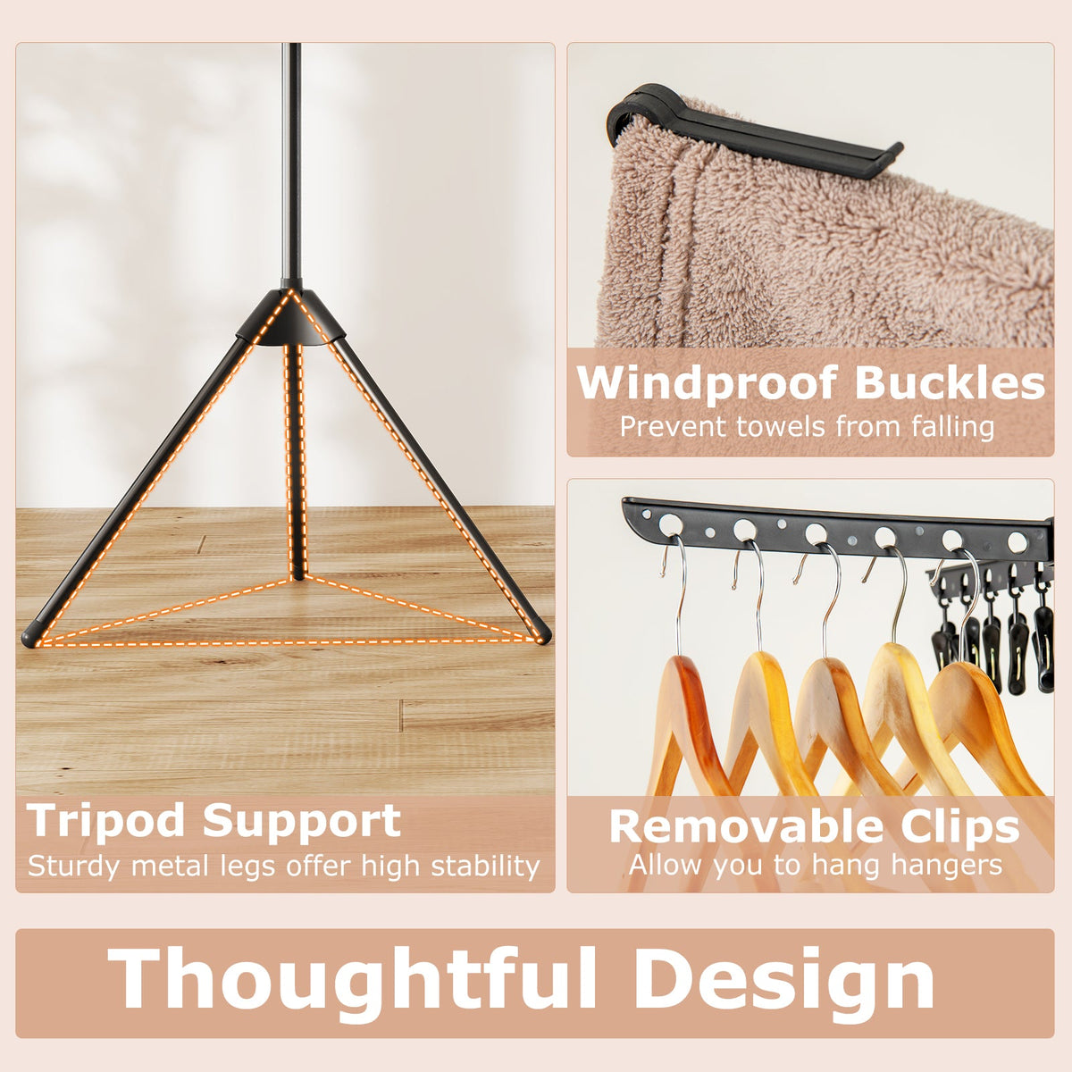 3-Tier Tripod Freestanding Folding Clothes Drying Rack with 24 Clips-Black