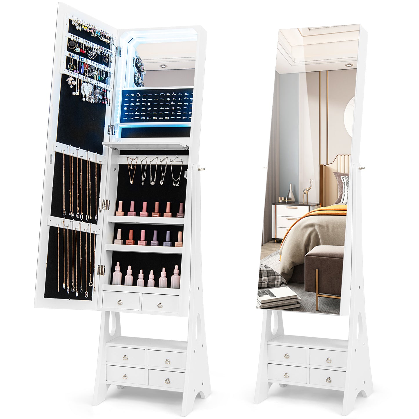 Full Length LED Jewelry Armoire with 6 Drawers