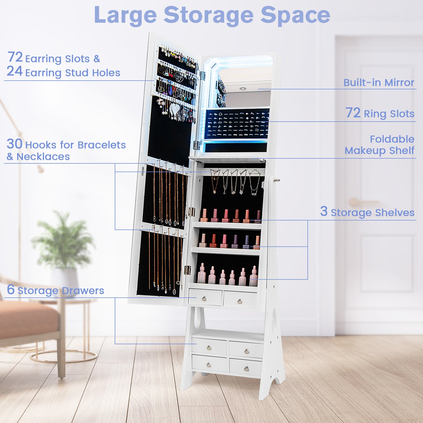 Full Length LED Jewelry Armoire with 6 Drawers