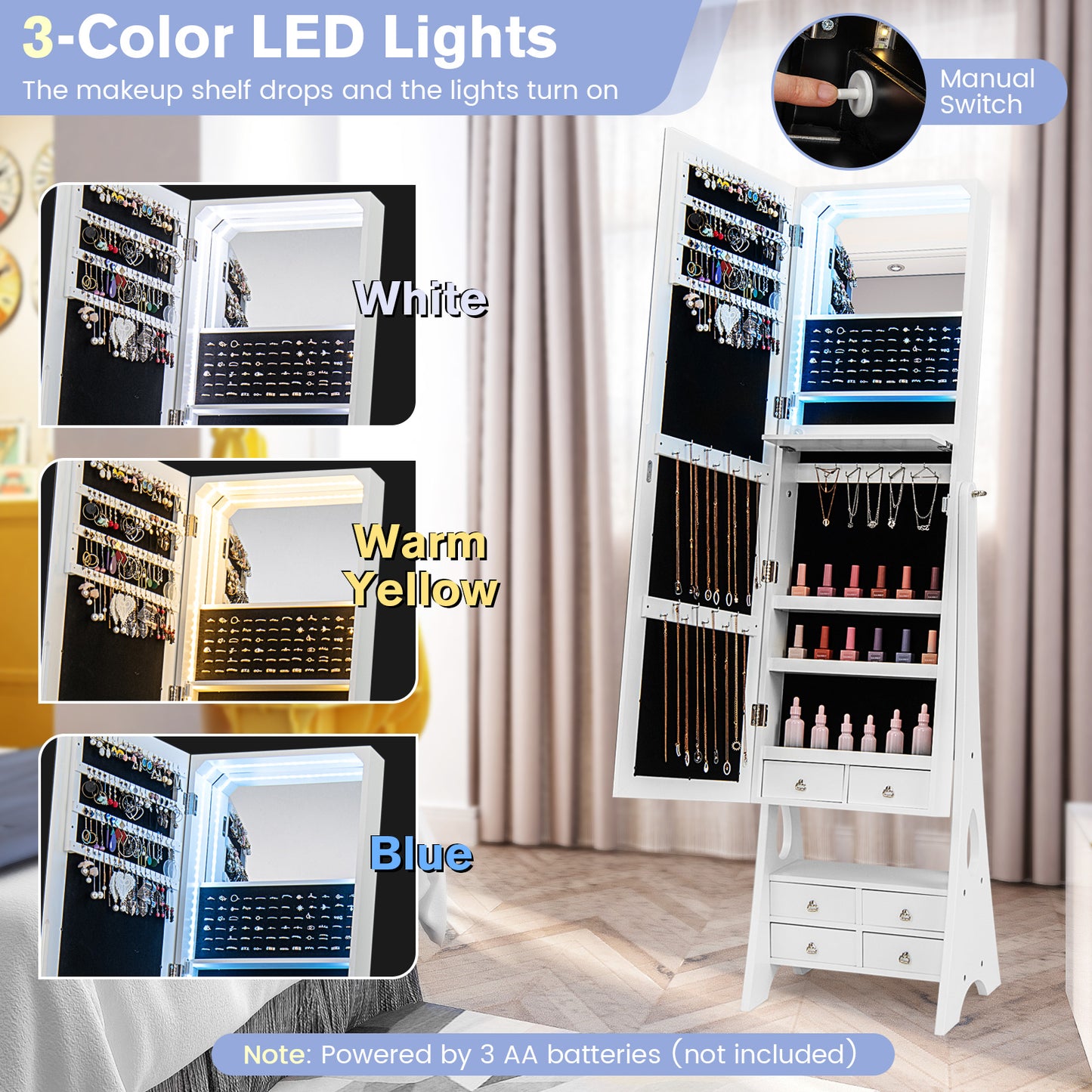 Full Length LED Jewelry Armoire with 6 Drawers