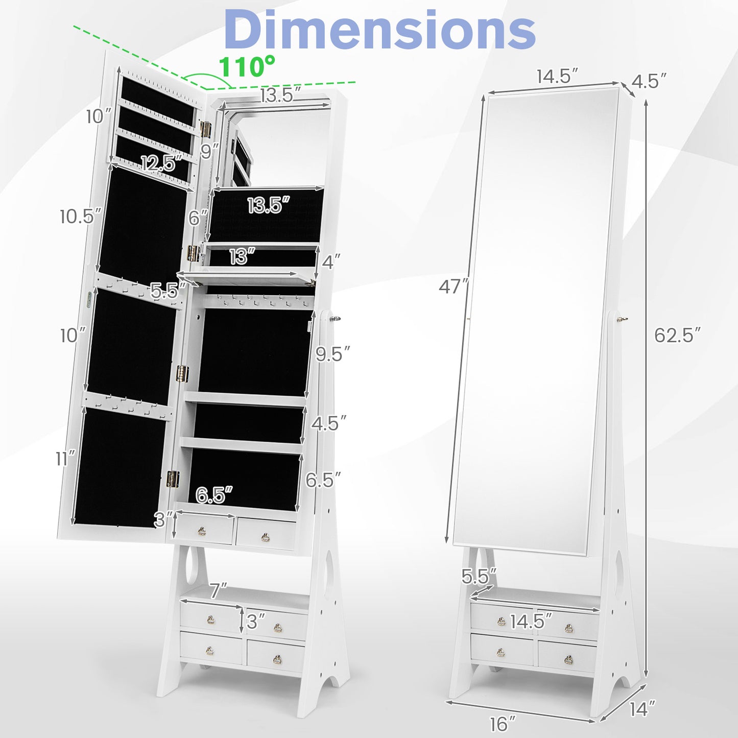 Full Length LED Jewelry Armoire with 6 Drawers