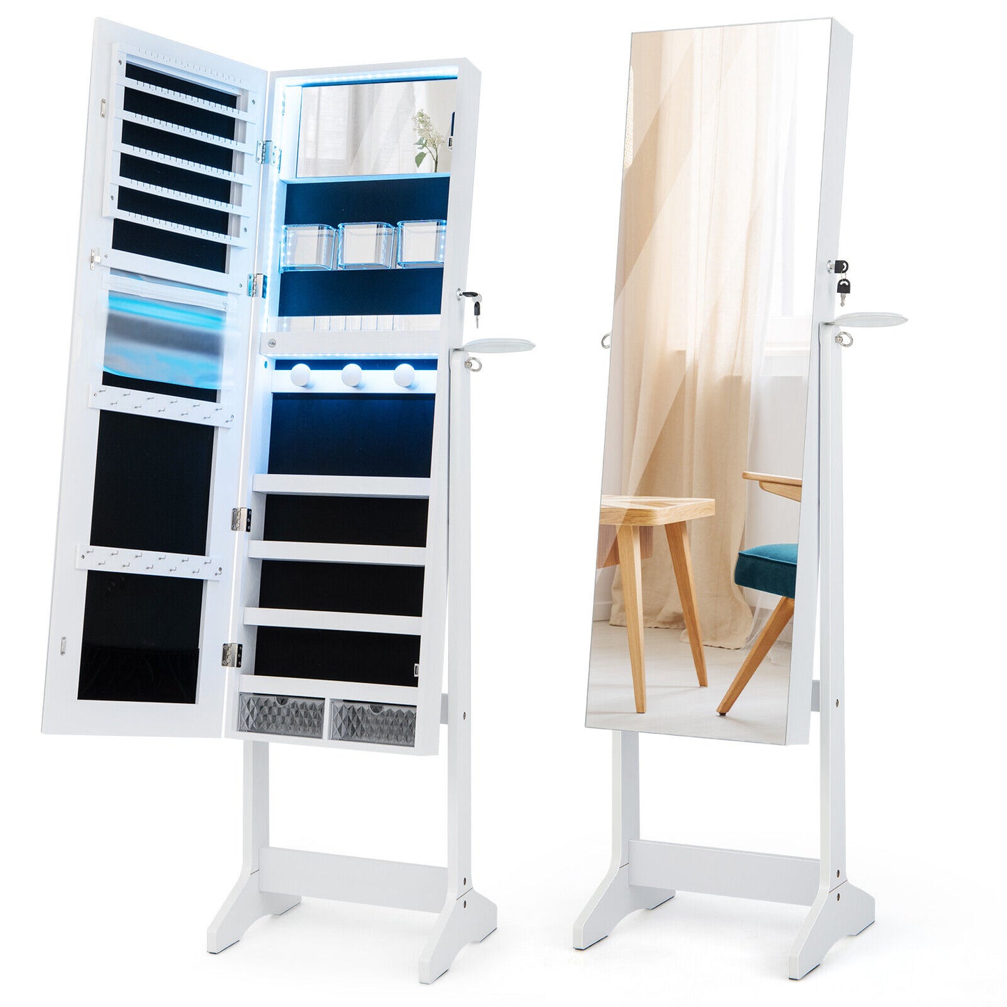 Jewelry Cabinet with Full Length Mirror and LED Lights