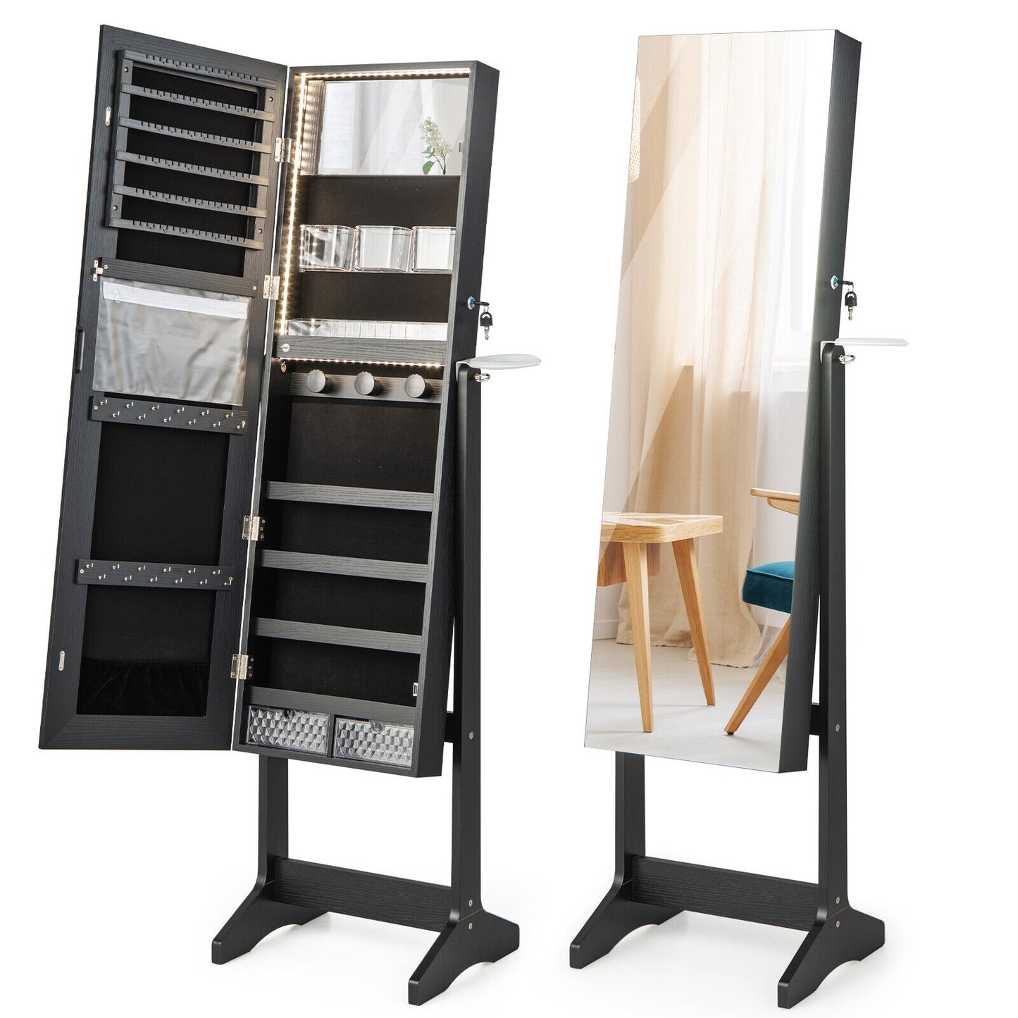 Jewelry Cabinet with Full Length Mirror and LED Lights