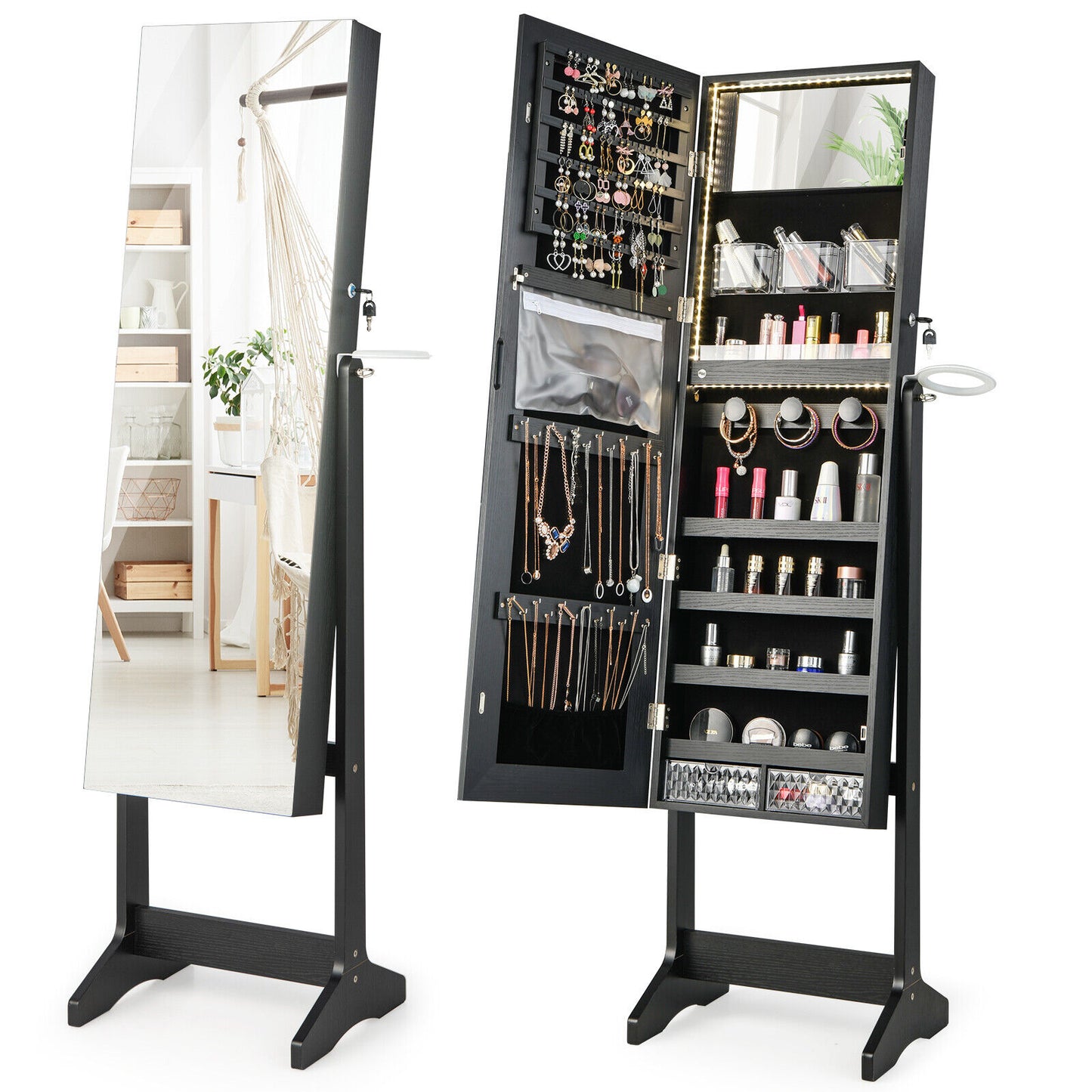 Jewelry Cabinet with Full Length Mirror and LED Lights