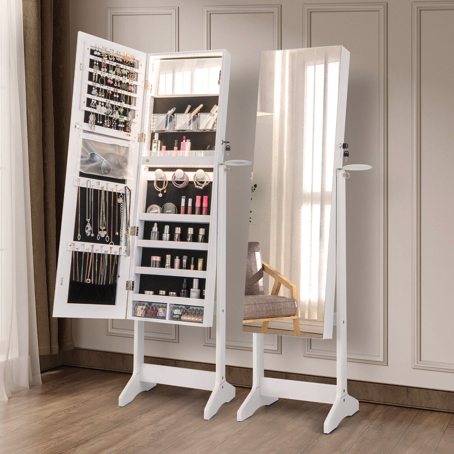 Jewelry Cabinet with Full Length Mirror and LED Lights