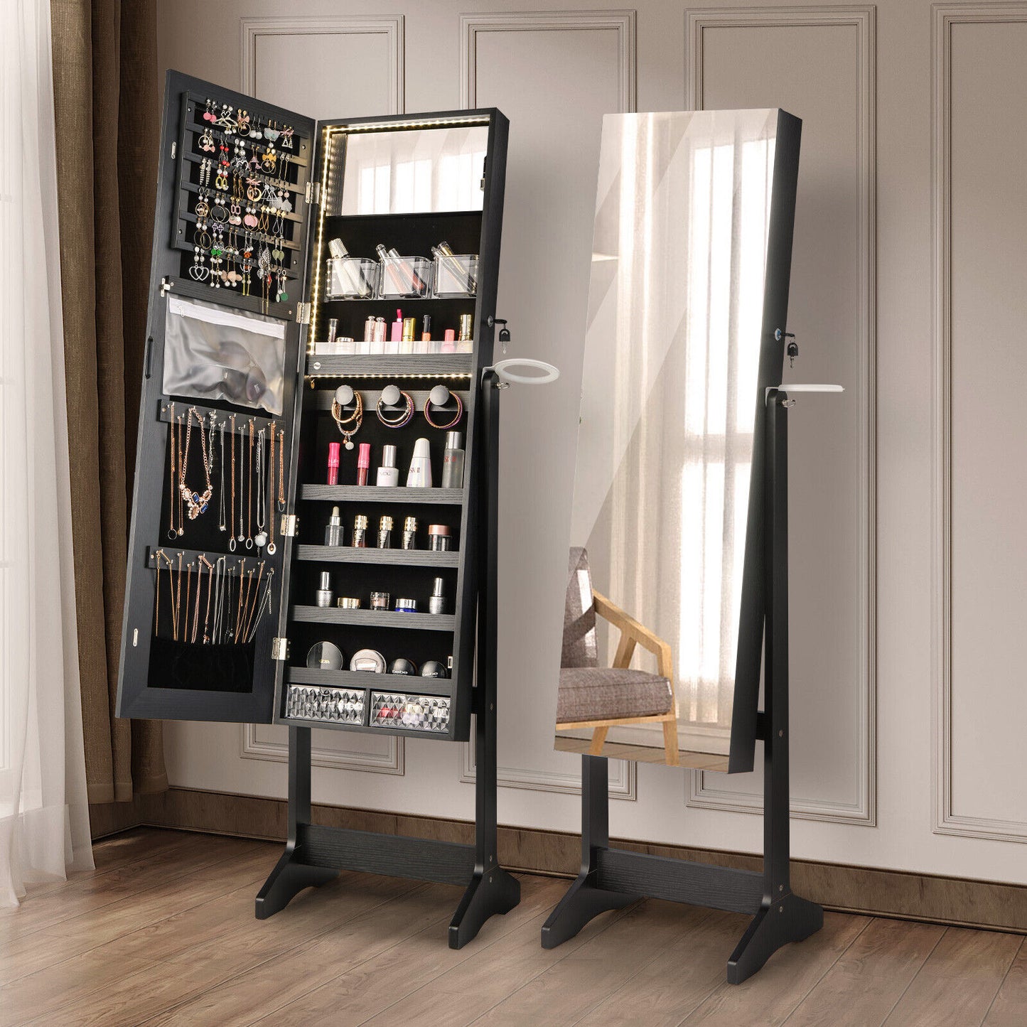 Jewelry Cabinet with Full Length Mirror and LED Lights