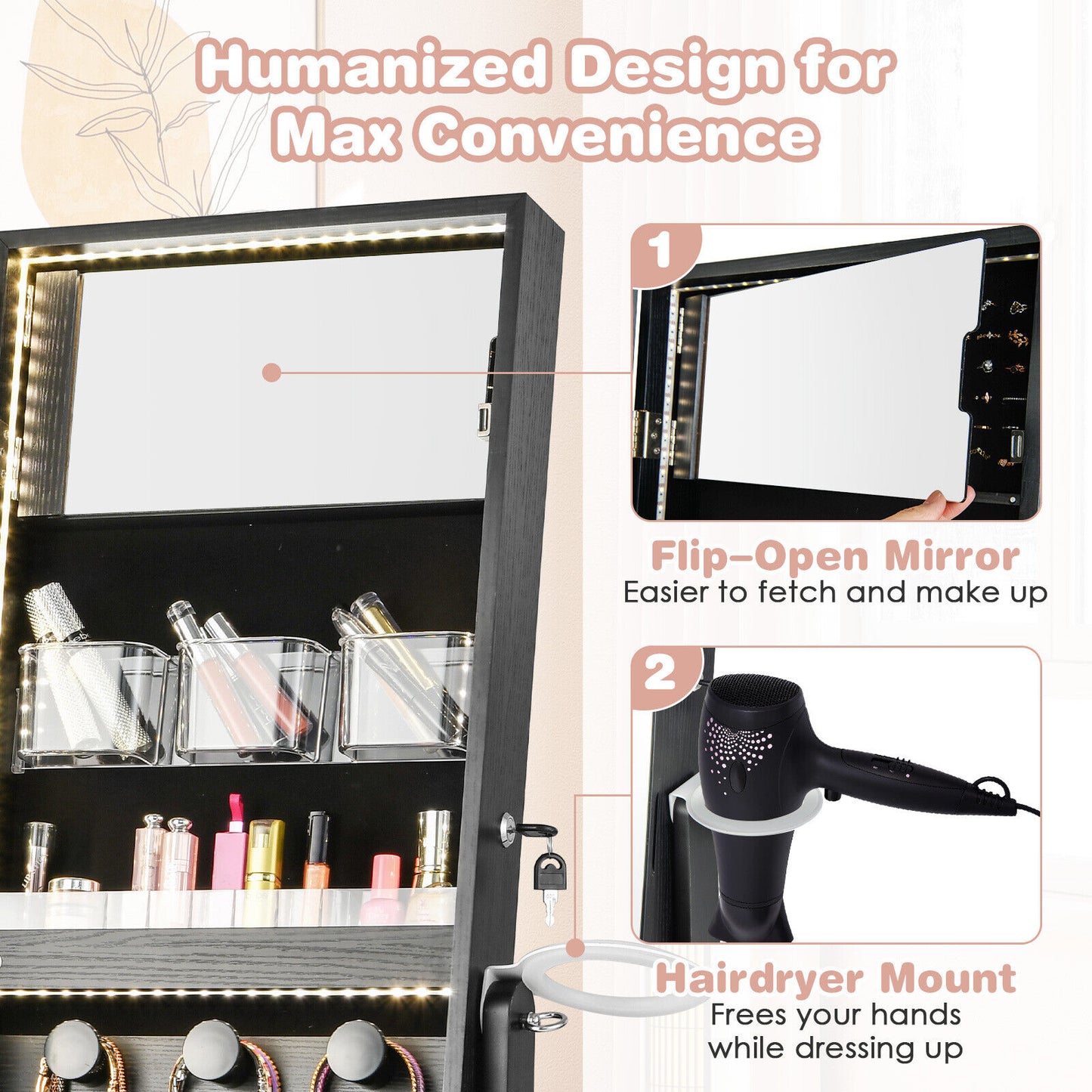 Jewelry Cabinet with Full Length Mirror and LED Lights