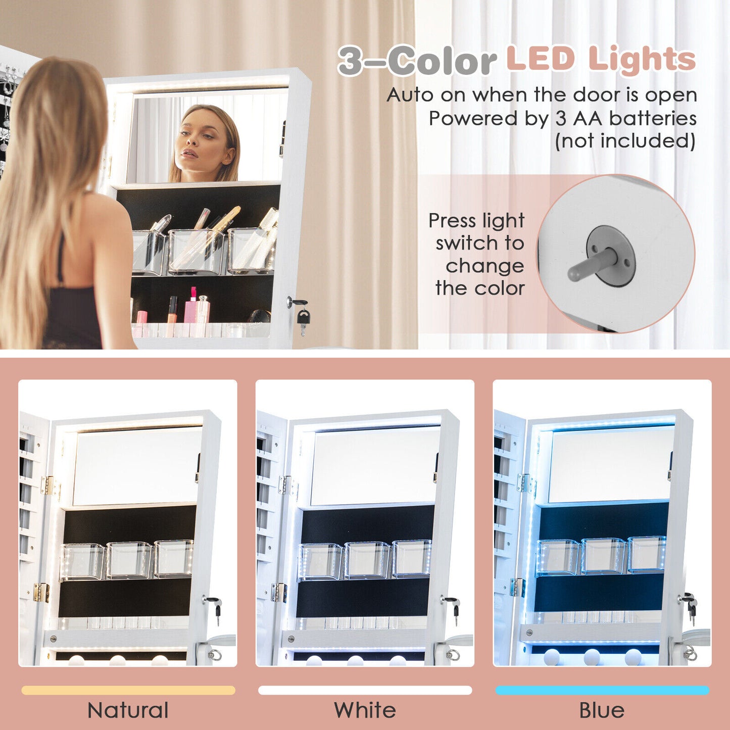 Jewelry Cabinet with Full Length Mirror and LED Lights
