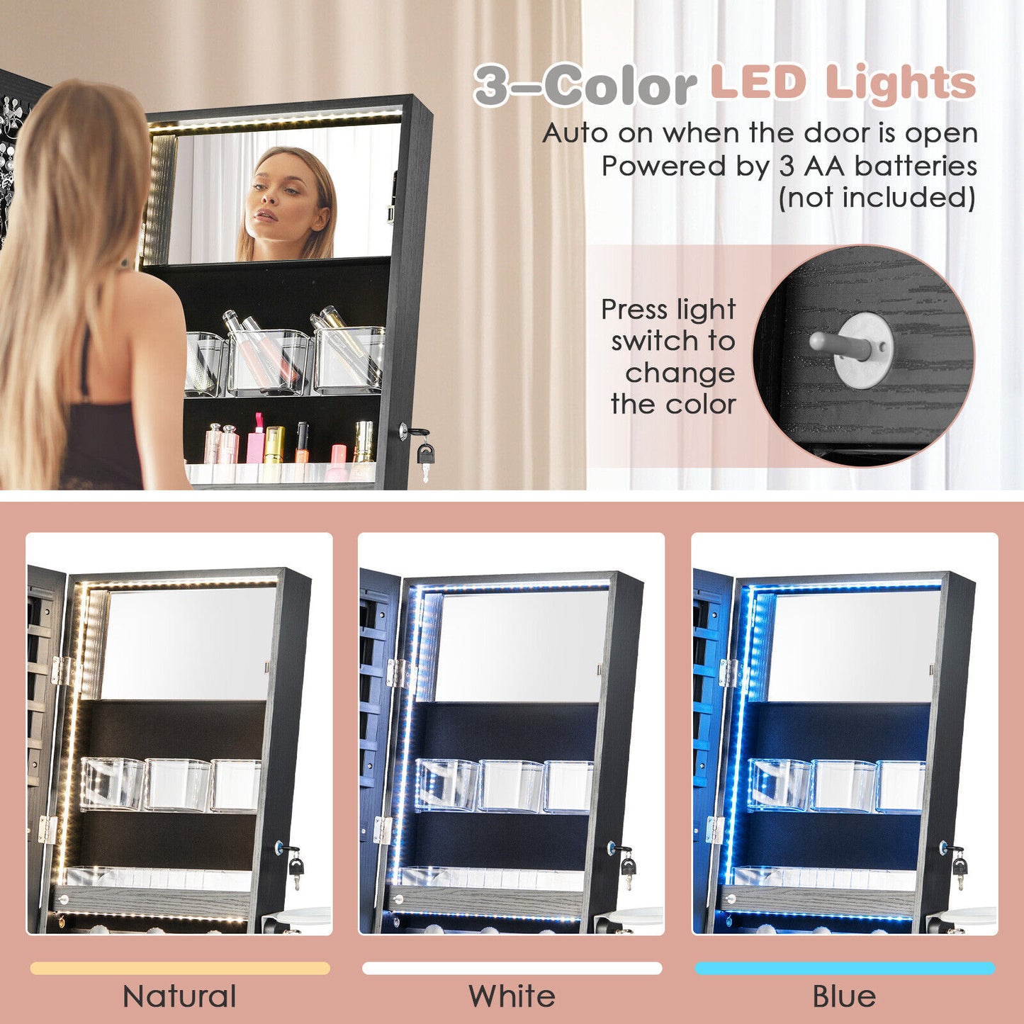 Jewelry Cabinet with Full Length Mirror and LED Lights