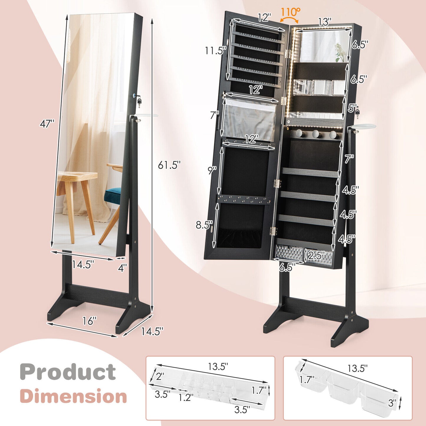 Jewelry Cabinet with Full Length Mirror and LED Lights