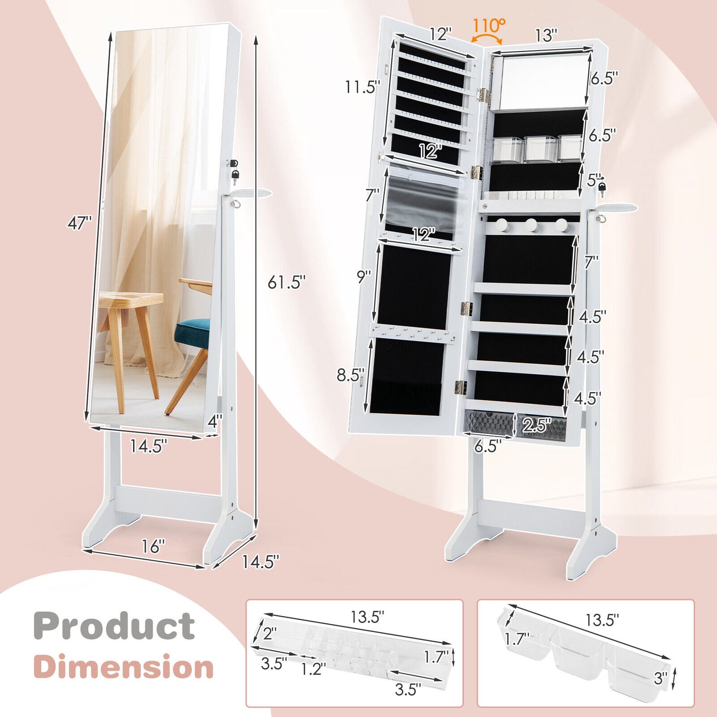 Jewelry Cabinet with Full Length Mirror and LED Lights