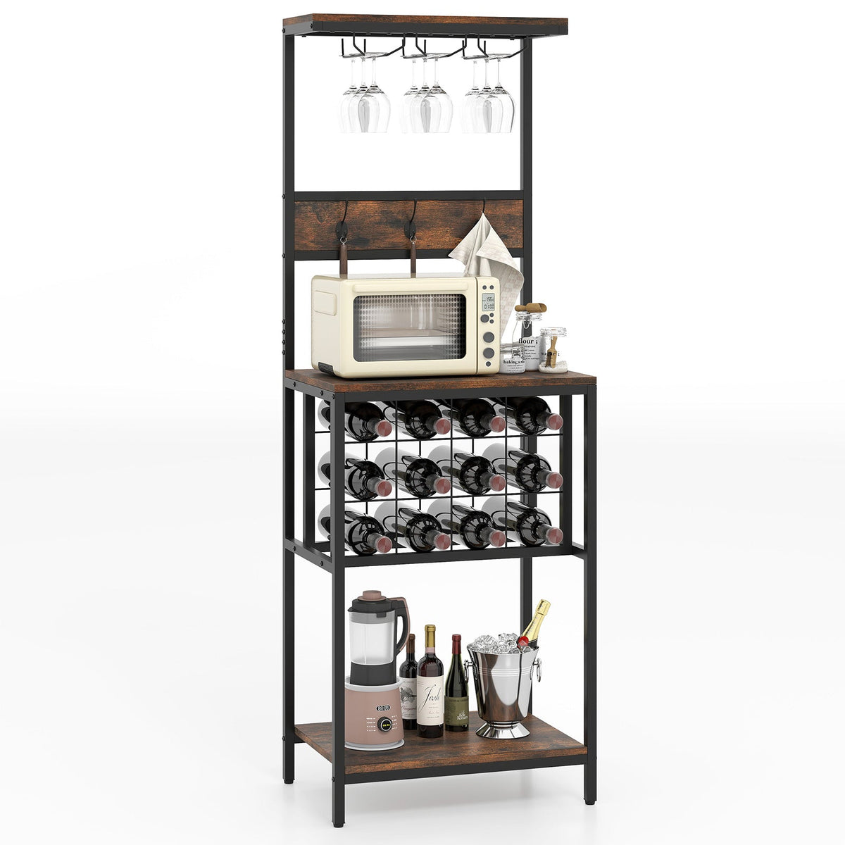 Freestanding Wine Rack Floor Wine Bar Cabinet with Glass Racks-Rustic Brown