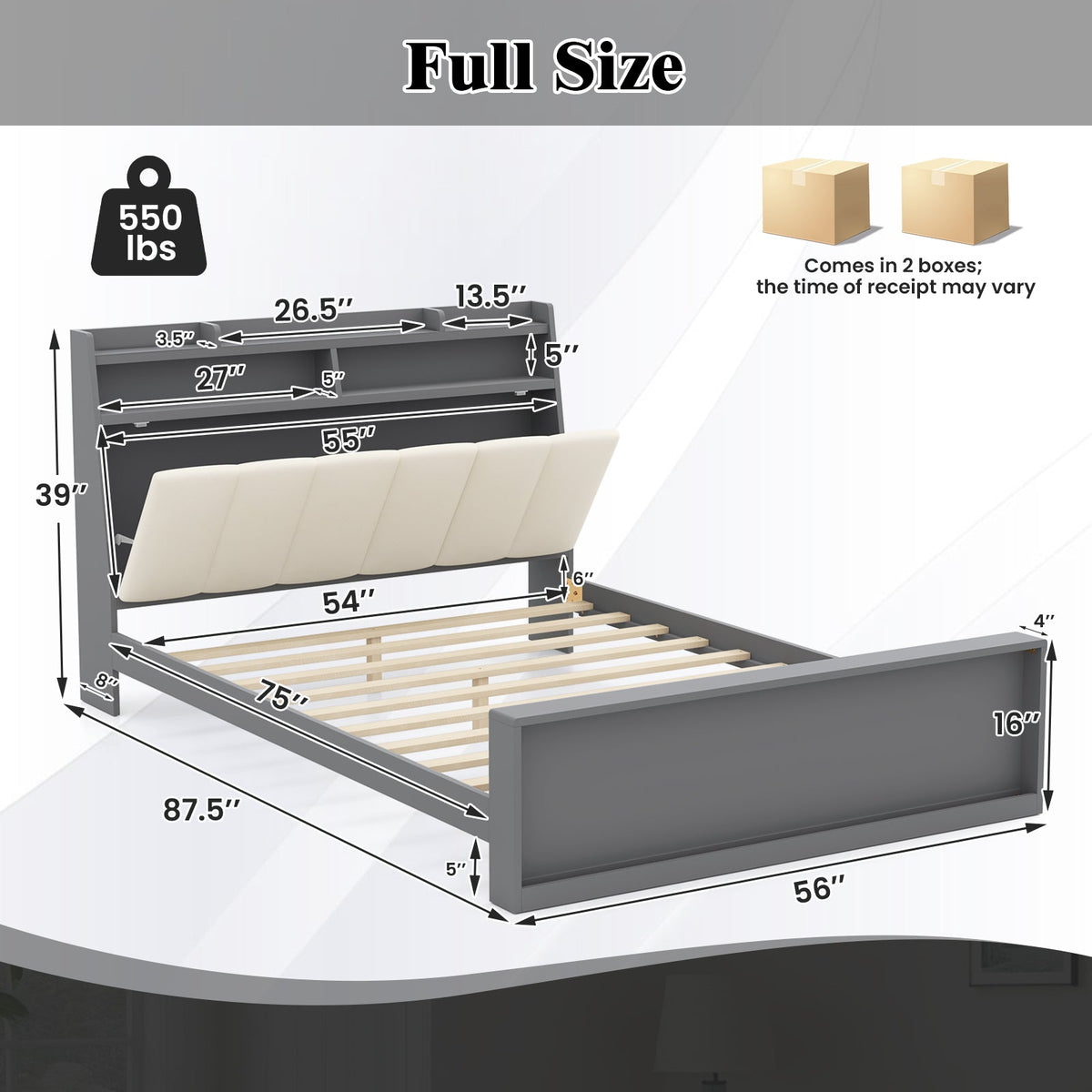 Full Size Bed Frame with Storage Modern Platform Bed with Headboard-Full Size