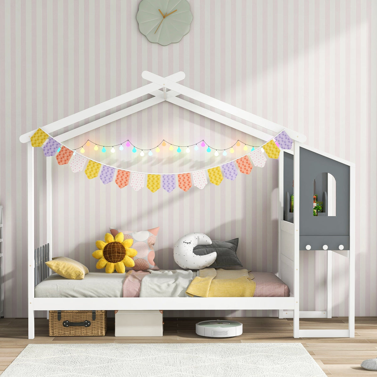 Twin/Full Bed Frame with House Roof Canopy and Fence for Kids