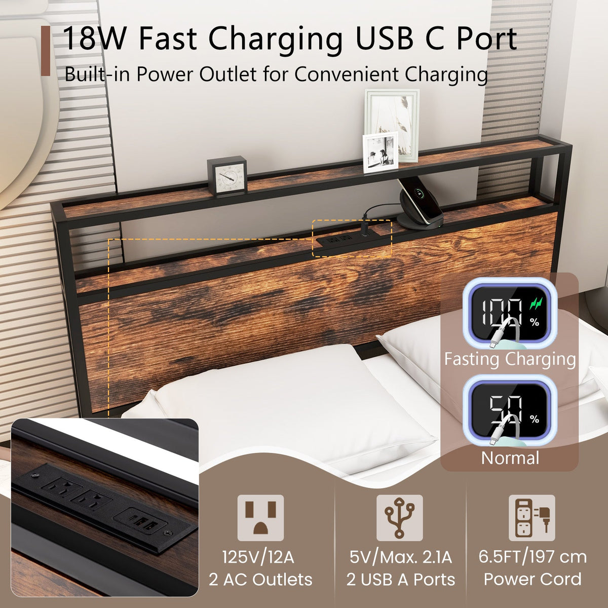Twin/Full/Queen Bed Frame with Storage Headboard and Charging Station