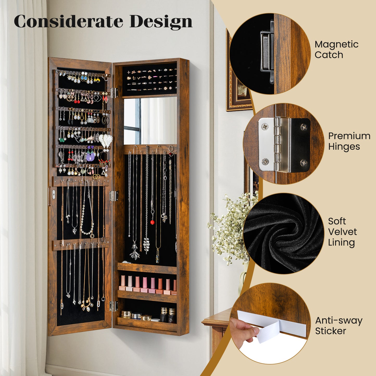 Full Length Mirror Jewelry Cabinet with Wall Mount