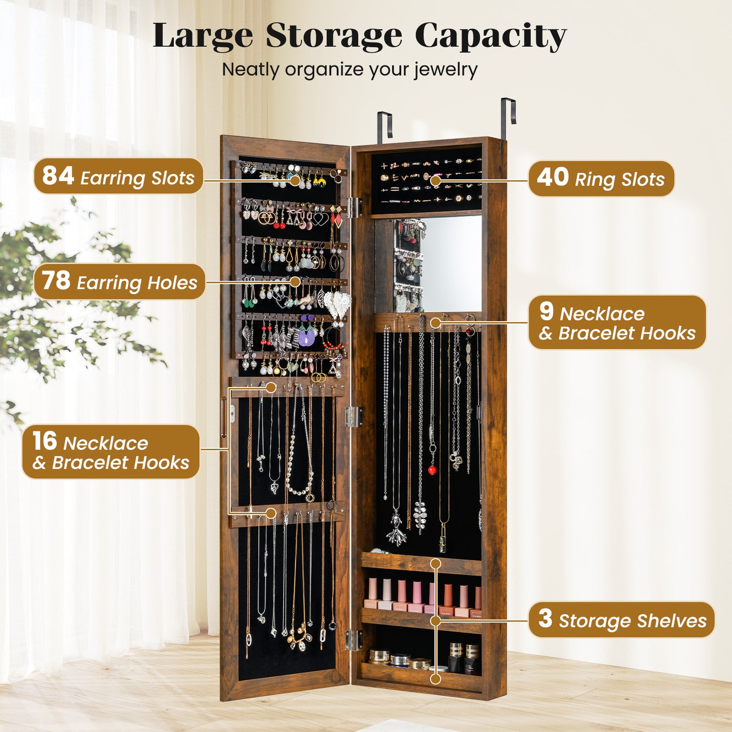 Full Length Mirror Jewelry Cabinet with Wall Mount
