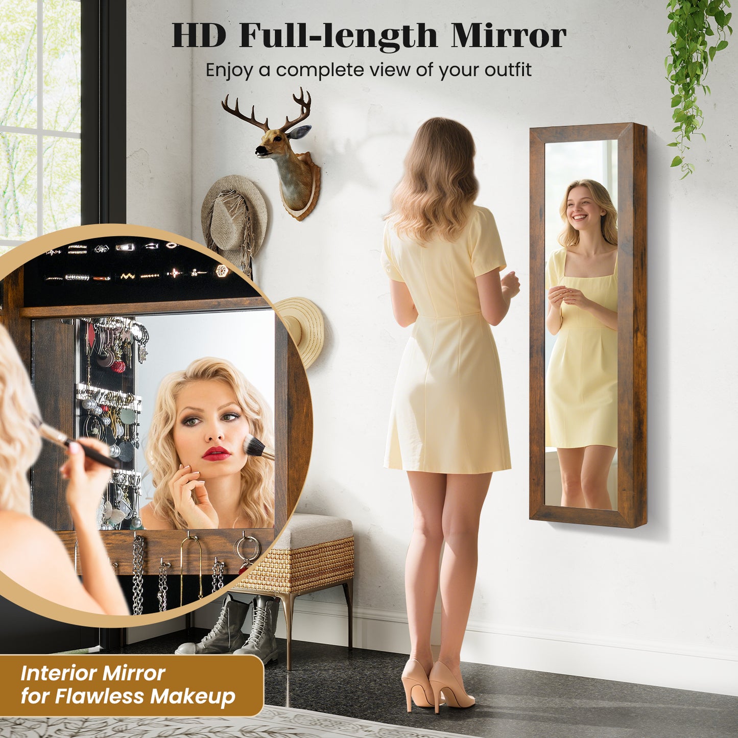 Full Length Mirror Jewelry Cabinet with Wall Mount