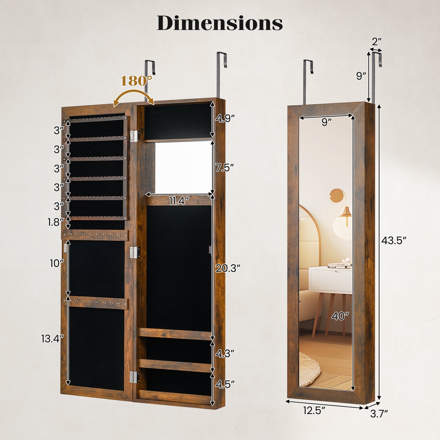 Full Length Mirror Jewelry Cabinet with Wall Mount