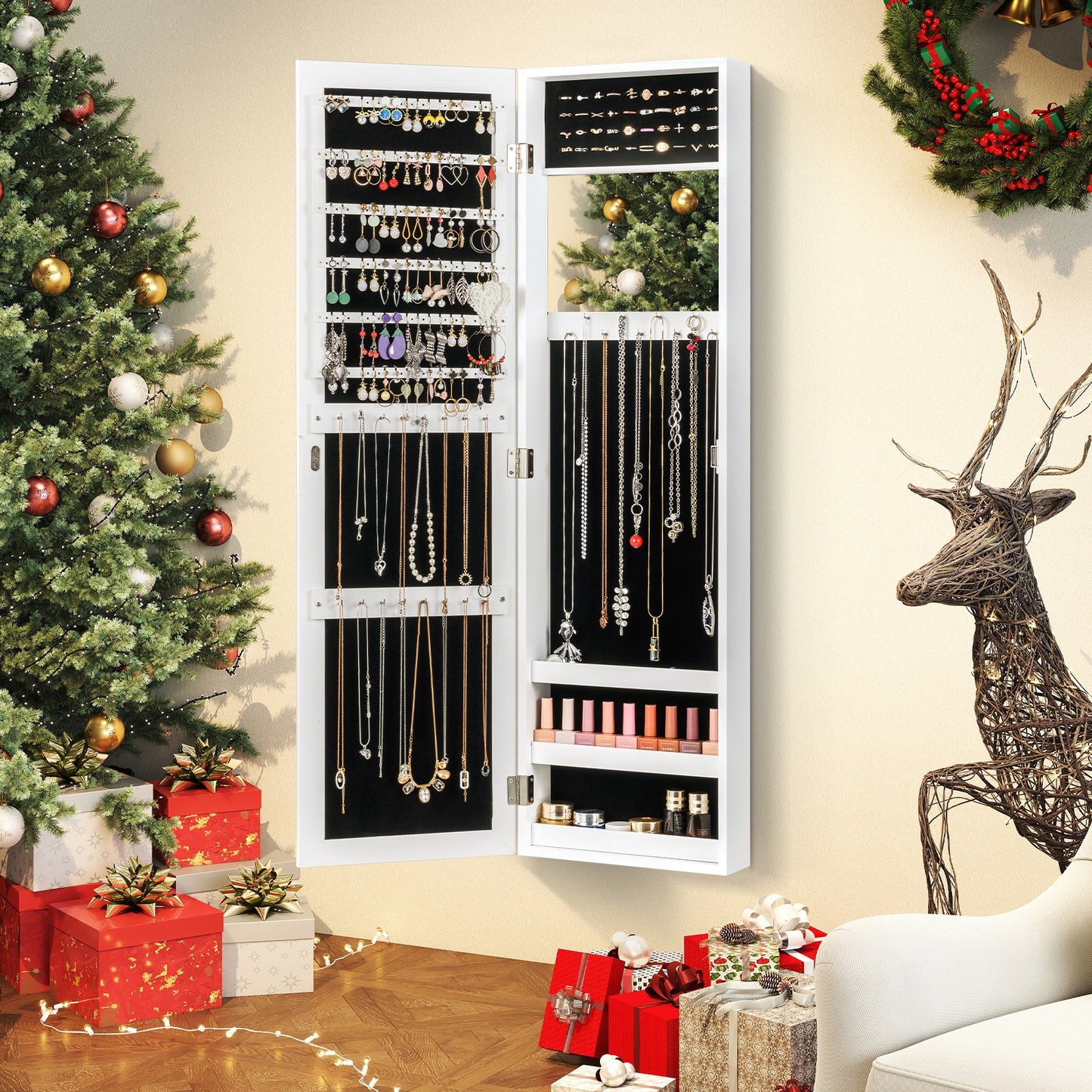 Full Length Mirror Jewelry Cabinet with Wall Mount